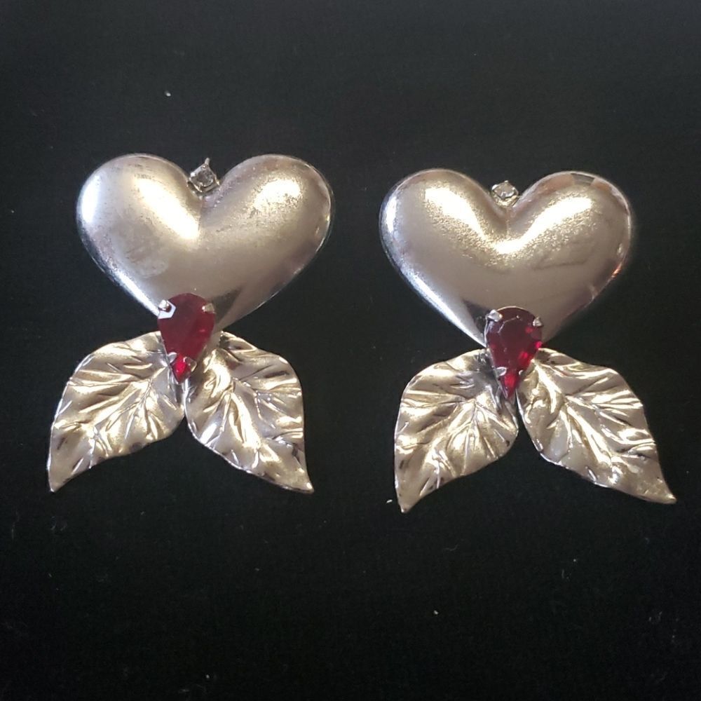Ruby Red Silvertone Heart Hook Earrings